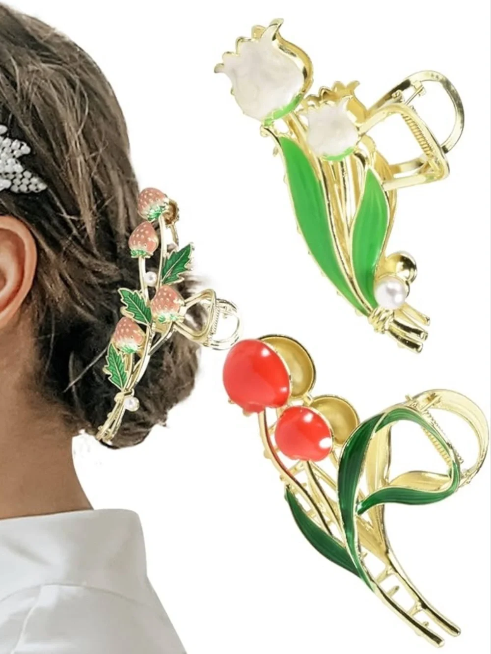 Anthropologie Gold-Tone Strawberry & Floral Brooch Trio - Green, Pink, Red